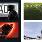 "ILAD L" groß hinter einem Mann in schwarzer Kleidung. Andere Szenen zeigen Athleten auf einem Fußballfeld.