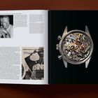 Links: Text über die "Rolex Cosmograph Daytona 'Paul Newman'". Rechts: Nahaufnahme eines Uhrwerks vor schwarzem Hintergrund.