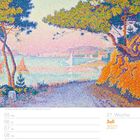 27. Woche, Juli 2027. Kalenderdarstellung mit Illustration eines pointillistischen Gemäldes von Bäumen und Meer.