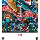 "Juli", Daten: 5 bis 11, KW 27/2027. Bunte Illustration mit Pilzen, Vögeln, Pflanzen und Regenbogen in lebhaften Farben.