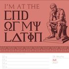 „I'M AT THE END OF MY LATIN“. Illustration einer nachdenklichen Skulptur, Kalenderblatt für Juli 2027, 28. Woche.