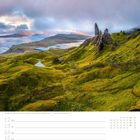 Kalendarium mit Datum vom 12. bis 18. Juli und Bild vom Old Man of Storr auf der Isle of Skye, Schottland.