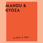 Text: "MANDU & GYOZA" und "aus Korea & Japan". 
Ein helles, minimalistisches Design mit einem roten Rechteck.