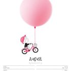 Text: "August", "09 MO", "10 DI", "11 MI", "12 DO", "13 FR", "14 SA", "15 SO". Illustration: Person auf rotem Fahrrad mit rosa Ballon.