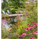 32 August. Mo 09 bis So 15. Bunte Blumen und grüne Pflanzen umgeben einen Teich mit Holzstühlen am Ufer.