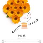 „August“ steht groß. Darunter ein Kalender mit einer Illustration: Ein Gesicht mit Blumen als Haare.