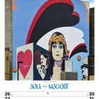 Juli - August. Kalenderwoche 30/2027. Illustration: bunte Wandmalerei mit Figuren vor einem blauen Hintergrund.