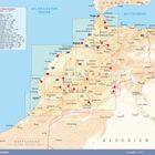 Liste "Die schönsten Reiseziele" mit 19 Orten. Detaillierte Landkarte von Marokko, umgeben von Atlantik und Mittelmeer.