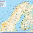 Liste mit Sehenswürdigkeiten oben links. Karte zeigt Skandinavien, mit Städten, Nationalparks und Gewässern.