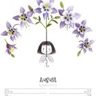 August. Illustration eines Mädchens mit einem Regenschirm, darüber lila Blumen. Kalenderdaten 23.-29., Woche 34/2027.