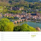 31. Woche, August 2027. Blick auf Heidelberg, Neckar, Brücke, Schloss, grüne Hügel, historische Gebäude, sonnig, Kalenderblatt.