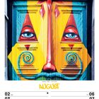 August. Kalenderwoche 31/2027. Farbenfrohes Türgraffiti mit geometrischen Formen, Augen, Spiralen und Schnurrbart.