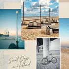 Text: "Sweet Days in Holland". Szenen von einem Strand mit einem Riesenrad, Holzsitzplätzen und einem Fahrrad.