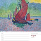 32. Woche, August 2027. Maria Himmelfahrt am 15. Rote Segelboote auf impressionistischem Gemälde.