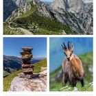 Datum: 9. bis 15. August 2027. Kalenderwoche 32. August. Oben Berge, steinerner Urlauberpfad, Steinmännchen und eine Gämse.