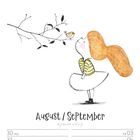 Text: "August / September", "30 MO", "31 DI", "01 MI", "02 DO", "03 FR", "04 SA", "05 SO", "KW 35/2027". Illustration: Mädchen mit Erdnuss-Haar neben Vogel auf Ast.