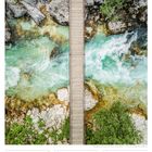 Kalenderseite: 9.–15. August 2027. Oben: Hängebrücke über die smaragdgrüne Soča, umgeben von Felsen.