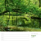 Flusslandschaft im Spreewald, Kalenderseite für August 2027, grüne Blätter spiegeln sich auf ruhigem Wasser.