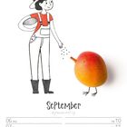 „September“ steht in der Mitte. Ein gezeichneter Gärtner streut Samen. Eine Mango mit gezeichneten Beinen daneben.