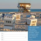 Text: "Lebe dein Leben wie einen Spaziergang am Meer: leicht, glücklich und mit dem Blick nach vorn. Unbekannt."   
Datum: "August KW34/2027"   
Motiv: Strandkörbe und ein Pfahlhaus am Strand.