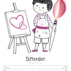 "September" steht groß geschrieben. Ein Kind mit Pinsel vor einer Staffelei mit Herzzeichnung. Daten für 13. bis 19. September.