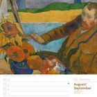 35. Woche August/September 2027. Illustration von einem Mann, der Sonnenblumen malt, mit buntem Hintergrund. Kalenderansicht.