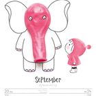 "September" in verspielten Buchstaben. Illustration: Ein Elefant mit einem rosafarbenen Luftballon als Rüssel. Ein Kind in rosa schaut ihn an.