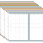 Kalender mit Monaten und Wochentagen in mehreren Sprachen. Zeilen für Notizen, verschiedene Farbtabellen.