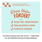„Dieser Kasten FÖRDERT“ mit drei Häkchen: Programmieren, problemlösendes Denken, planvolles Vorgehen. Oben MINT-Logo.