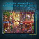 „Separater Lösungsrahmen zum Anlegen an das Puzzlemotiv.“ Illustration eines Pariser Straßencafés bei Abenddämmerung.