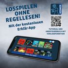 "LOSSPIELEN OHNE REGELLESEN! Mit der kostenlosen Erklär-App." Ein Smartphone zeigt Brettspiel-Cover, daneben ein QR-Code.