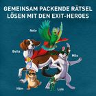 „Gemeinsam packende Rätsel lösen mit den Exit-Heroes“. Illustration mit Hund Bella, Papagei Nele, Katze Milo, Hamster Häm, Grille Luis.
