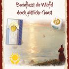 Text: "Beeinflusst die Würfel durch göttliche Gunst". Ein Würfel, Symbole, Landschaft mit Meer und Figur in rotem Gewand.