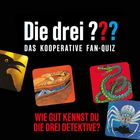 Text: "Die drei ??? Das kooperative Fan-Quiz. Wie gut kennst du die drei Detektive?"
Illustration mit Rabenvogel, Pharao, Schlange und Spinne.