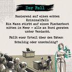 "Der Fall" sowie Beschreibungen eines Kriminalfalls. Illustration: Justitia und ein Gerichtssaal mit Menschen.