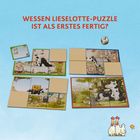 WESSEN LIESELOTTE-PUZZLE IST ALS ERSTES FERTIG? Illustrationen von Puzzles mit einer Kuh und anderen Tieren. Würfel oben.