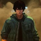 Ein Junge in einer grünen Jacke steht ernst blickend vor einer rauchigen Kulisse; Illustration.