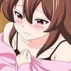 Illustration: Eine Frau mit langen braunen Haaren und rosa Wangen schaut scheu nach oben. Sie trägt ein pinkes Oberteil.