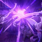 Zwei muskulöse Figuren treten mit leuchtendem Licht aufeinander ein, während eine verängstigte Person am Boden kauert.