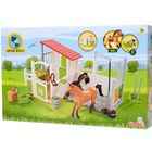 Text: "Nature World", "Incl.", "22 Pcs." Spielset mit Stall, Pferd, Futterkiste und Zubehören auf einer grünen Wiese.