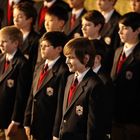 Junge in Schuluniformen mit roten Krawatten, mehrere Schüler in Reihen, einige tragen Blazer mit Wappen-Logo auf der Brust.