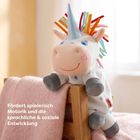 „Fördert spielerisch Motorik und die sprachliche & soziale Entwicklung.“ Ein Plüscheinhorn mit buntem Horn und Mähne.
