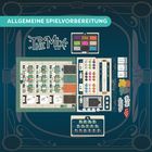 Text: "ALLGEMEINE SPIELVORBEREITUNG," "The Mix Guise." Darstellung von Spielmaterialien und Komponenten eines Brettspiels.