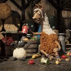 Eine Illustration zeigt ein lachendes Lama mit Mütze und ein fröhliches, kleines Schaf. Sie sind von Gemüse umgeben.