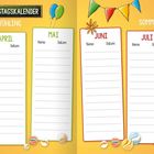 Geburtstagskalender für Frühling: März, April, Mai; und Sommer: Juni, Juli, August. Bunte Dekorationen und Linien.