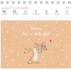 Text im Bild: "Schön, dass es dich gibt!" Illustration: Ein Hase hält einen Blumenstrauß. Oben: Kalenderdaten für KW 35.