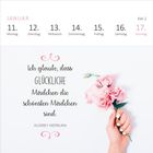 Kalender: Januar 11.–17., Zitat von Audrey Hepburn über Glück und Schönheit, Hand hält rosa Blumen.