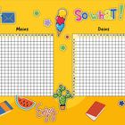 Text: "Meins", "Deins", "So what!", "Enjoy". Zwei Gitternetze auf gelbem Hintergrund. Bunte Illustrationen: Eis, Bücher, Kaktus.