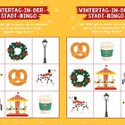 WINTERTAG-IN-DER-STADT-BINGO. Stadtentdeckungen: Taube, Kranz, Laterne, Postkast, Brezel, Dalmatiner, Bank, Karussell, Becher.