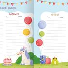 "Geburtstagskalender: Frühling, Sommer, Herbst, Winter. Illustration: Prinzessinnen, Tiere, Luftballons und Geschenke."